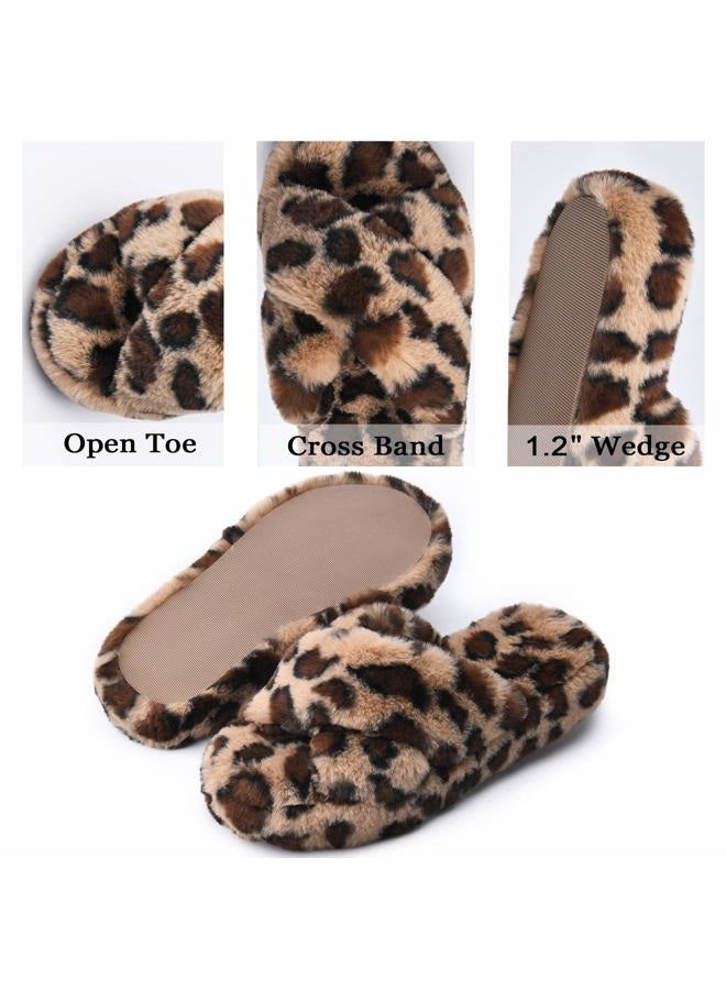 DL Fluffy Womens House Slippers Cross Band Open Toe, Soft Plush Fleece Bedroom Slippers Women Memory Foam, Comfy Fuzzy Slip On Non-Slip Womens Slippers Indoor Leopard Size 7-8 - Image 3