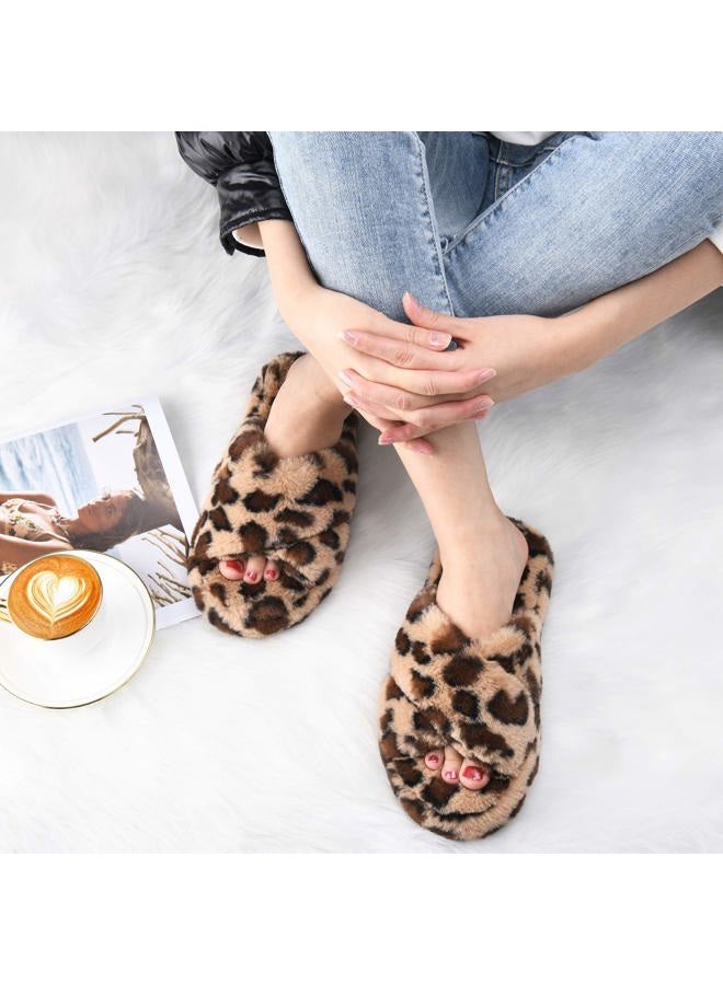 DL Fluffy Womens House Slippers Cross Band Open Toe, Soft Plush Fleece Bedroom Slippers Women Memory Foam, Comfy Fuzzy Slip On Non-Slip Womens Slippers Indoor Leopard Size 7-8 - Image 2