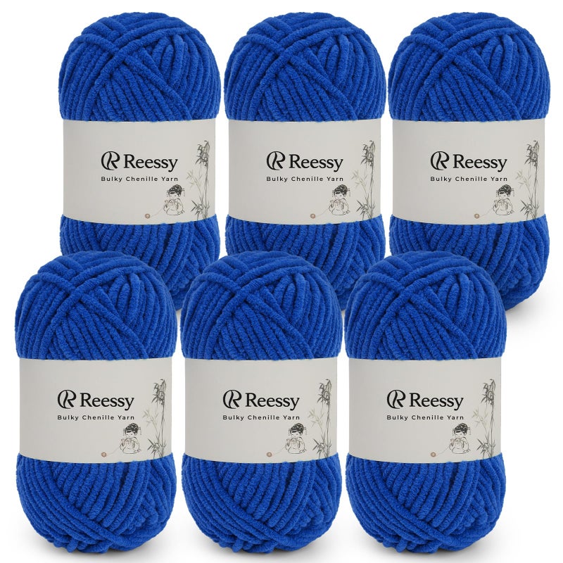 Reessy Bulky Chenille Yarn for Crocheting â€“ 6 Pack of 50g/1.76oz Skeins, Pure Polyester, CYC #5 Bulky Weight â€“ Ultra Soft Chenille Yarn Pack for Crafting Plush Toys, Blankets, Scarves(Sapphire Blue) - Image 1