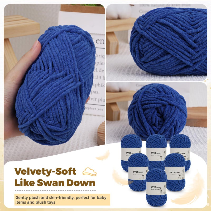Reessy Bulky Chenille Yarn for Crocheting â€“ 6 Pack of 50g/1.76oz Skeins, Pure Polyester, CYC #5 Bulky Weight â€“ Ultra Soft Chenille Yarn Pack for Crafting Plush Toys, Blankets, Scarves(Sapphire Blue) - Image 2