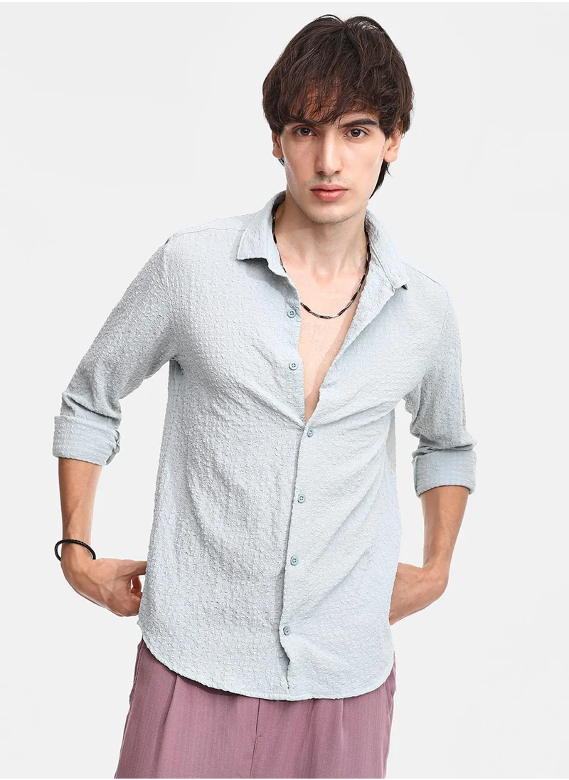 Campus Sutra Men's Icy Blue Cubic-Seersucker Shirt