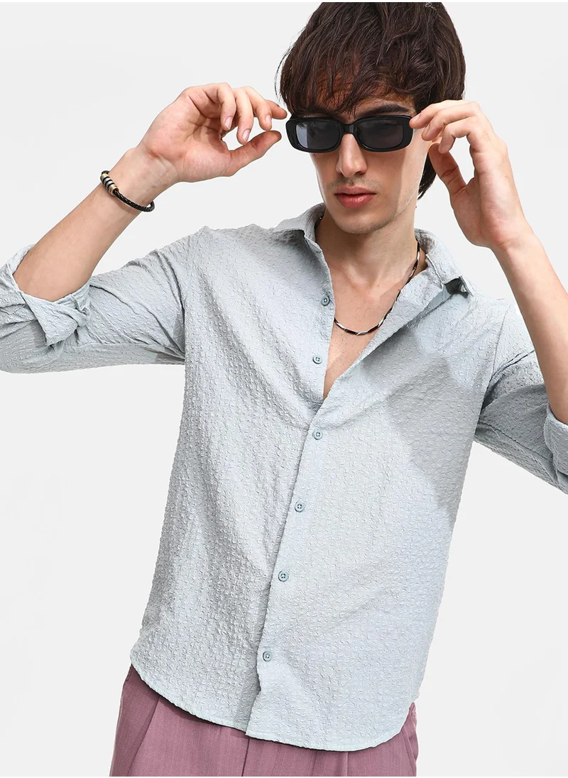 Campus Sutra Men's Icy Blue Cubic-Seersucker Shirt