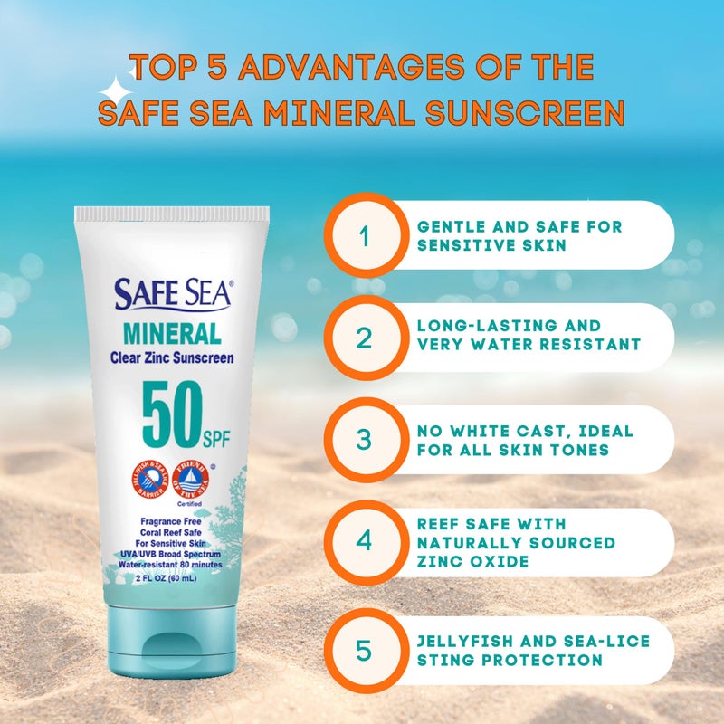 Safe Sea Zinc Oxide Sunscreen SPF50 | Clear Mineral Face Sunscreen | Anti-Jellyfish Sting Protective Lotion | Coral Reef Safe | Travel Size - 2Oz (60ml), Pack of 1 - Image 1