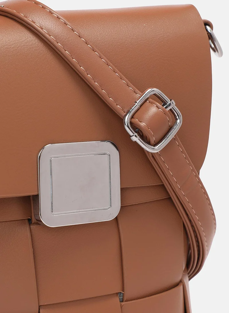 Haute Sauce Solid Interlock Regular Vegan Leather Sling Bag with Detachable Strap For Women