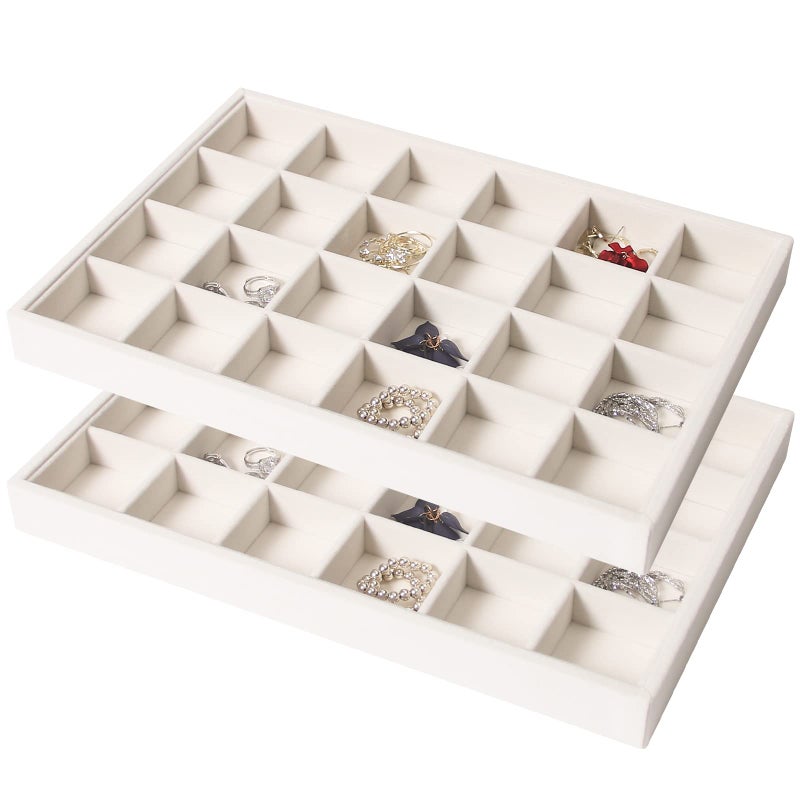 Coward 2PC Stackable 24 Gird Jewelry Organizer Tray Necklace Earring Box Storage Drawer Ring Bracelet Display Holder (beige(24grid+24grid)) - Image 1
