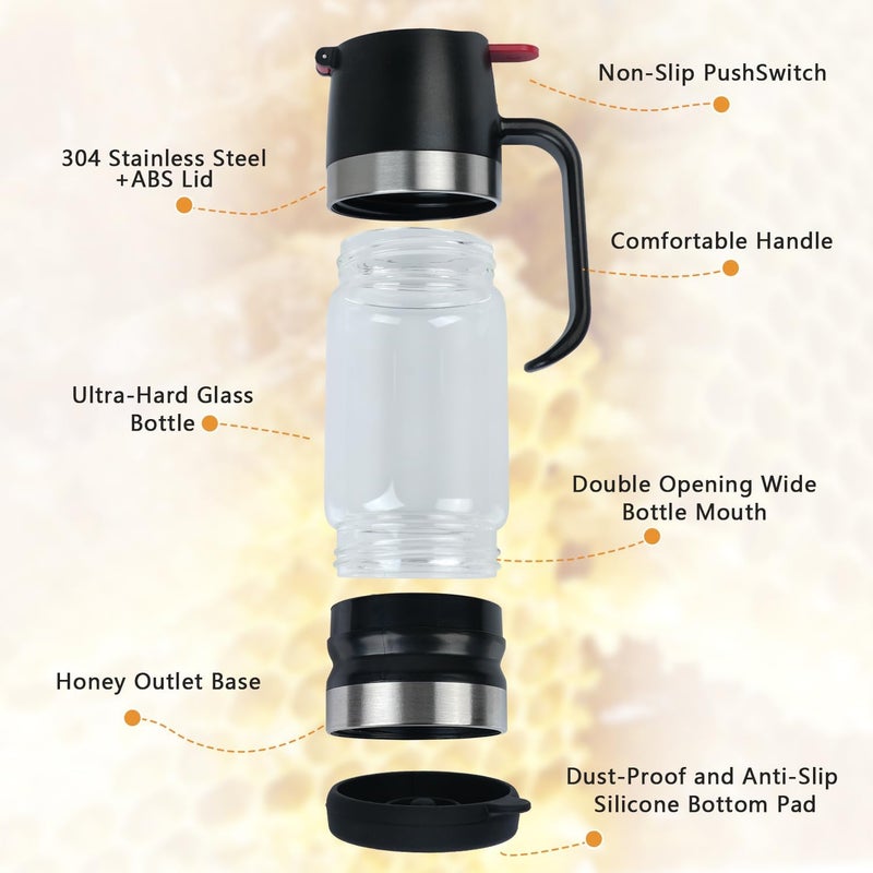 Ecopandy Honey Dispenser No Drip with Base 2025 Upgrade, 12OZ Glass Honey Jar pot with Handle, Syrup Dispenser for Coffee or Tea, Mess Free Honey Dispenser for Honey and Syrup, Honey Container - Image 4