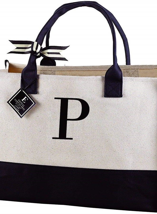 mud pie Classic Black and White Initial Canvas Tote Bags (P), 100% Cotton, 17" x 19" x 2" - Image 1