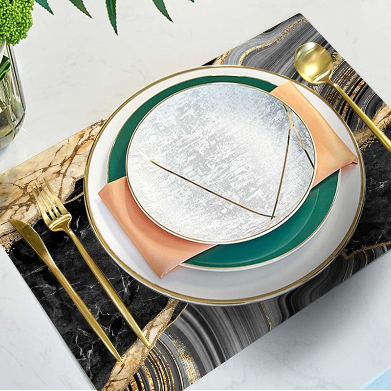 Mcalk Black Marble Table Runner and Placemats Set of 6 Pieces Gold Marble Placemats Modern Cloth Place Mats Indoor for KitchenWashable Linen Material for Dining Table - Image 2