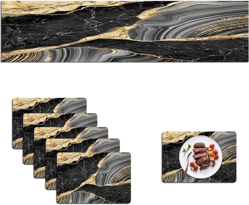 Mcalk Black Marble Table Runner and Placemats Set of 6 Pieces Gold Marble Placemats Modern Cloth Place Mats Indoor for KitchenWashable Linen Material for Dining Table - Image 1