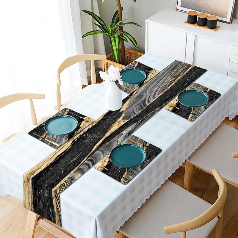 Mcalk Black Marble Table Runner and Placemats Set of 6 Pieces Gold Marble Placemats Modern Cloth Place Mats Indoor for KitchenWashable Linen Material for Dining Table - Image 4
