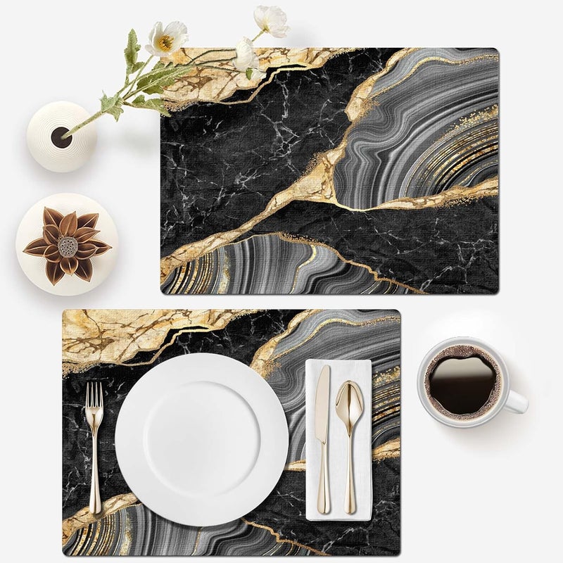 Mcalk Black Marble Table Runner and Placemats Set of 6 Pieces Gold Marble Placemats Modern Cloth Place Mats Indoor for KitchenWashable Linen Material for Dining Table - Image 3