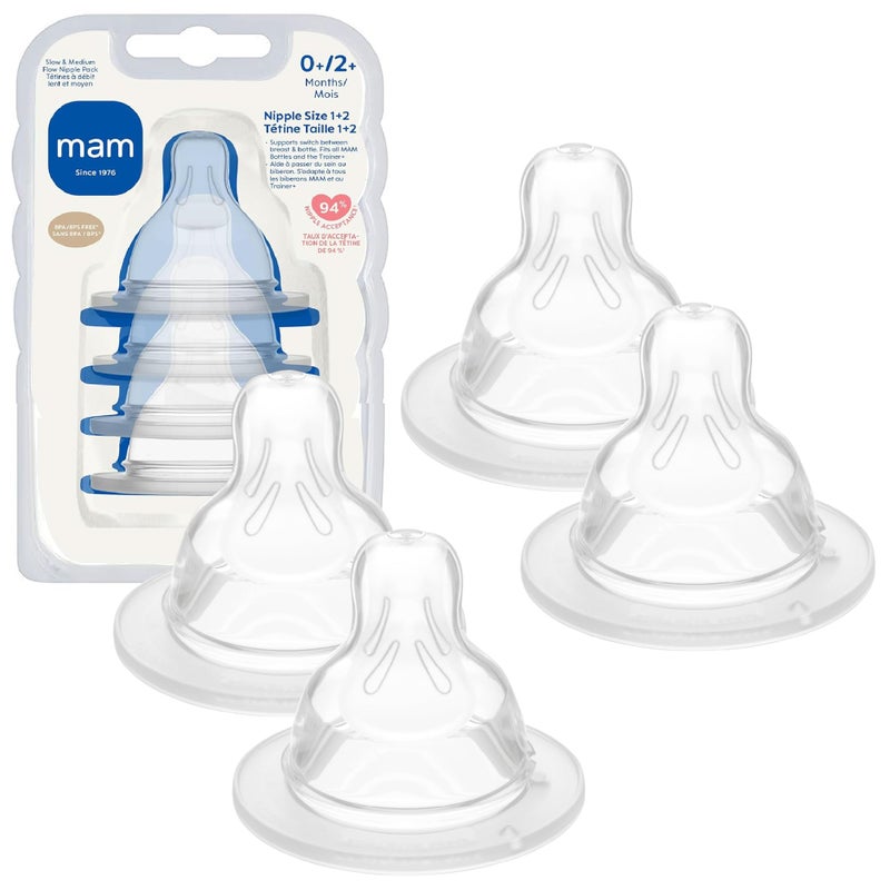MAM Baby Bottle Nipple Mixed Flow Pack, Slow Size 1 and Medium Flow Size 2 for Babies 0+ Months, Skin Soft BPA Free Silicone, 94% Nipple Acceptance, Fits All MAM Bottles, 4 Pack, Made in Europe - Image 1