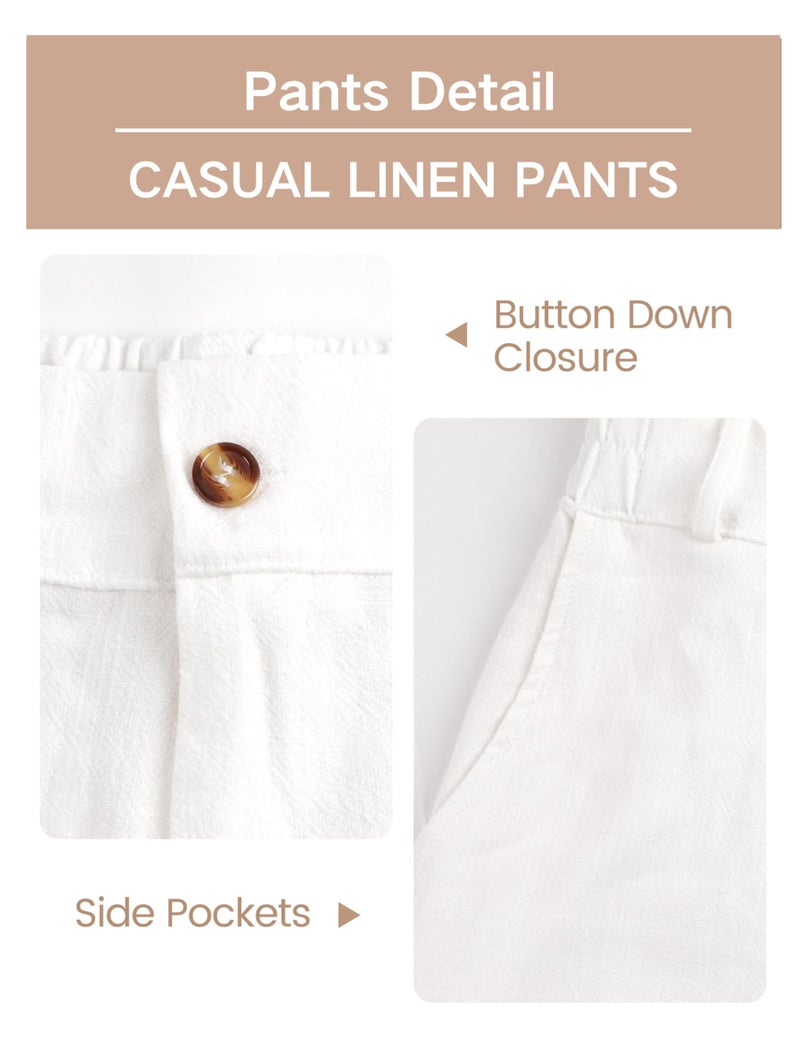 Hooever Womens Cotton Linen Pants Casual Button Up High Waisted Wide Leg Trousers(hite-M) White - Image 5