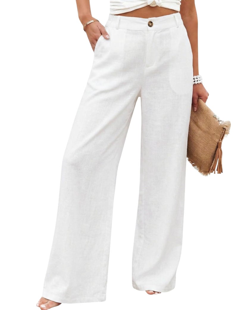 Hooever Womens Cotton Linen Pants Casual Button Up High Waisted Wide Leg Trousers(hite-M) White - Image 1