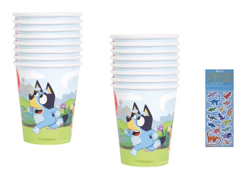 Unique Bluey Birthday Party Supplies Bundle Pack includes 16 Party Paper Cups and 1 Dinosaur Sticker Sheet - Image 2