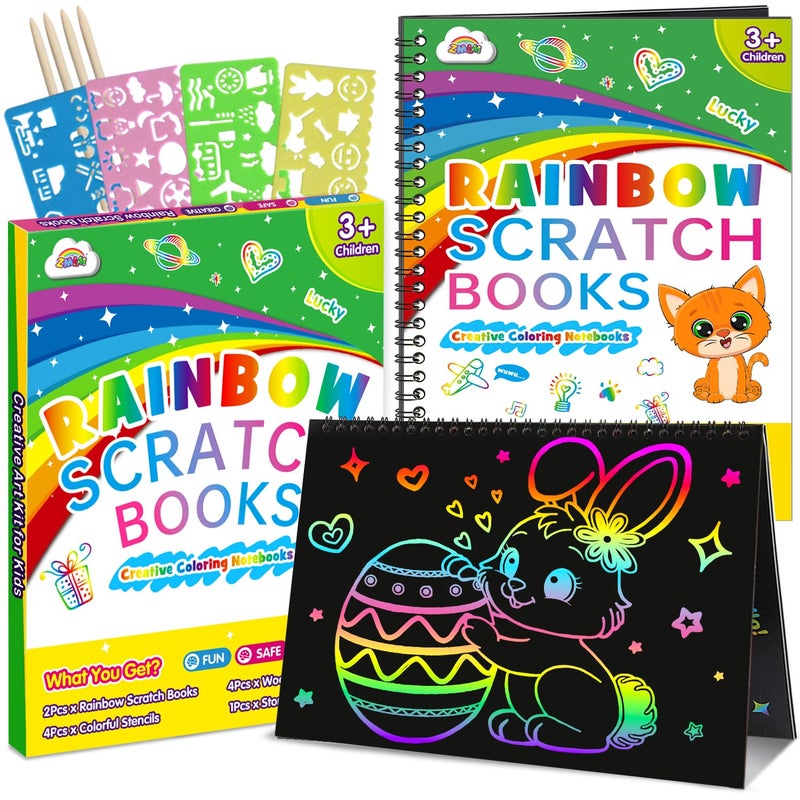 ZMLM Scratch Paper Art Craft: 2 Pack Rainbow Scratch Set for 3 4 5 6 7 8 9 10 Years Old Girls Boys Students Drawing Coloring Black Magic Art Supplies Kits Gifts School Birthday Party Toys(Classic) - Image 1