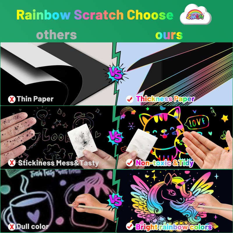 ZMLM Scratch Paper Art Craft: 2 Pack Rainbow Scratch Set for 3 4 5 6 7 8 9 10 Years Old Girls Boys Students Drawing Coloring Black Magic Art Supplies Kits Gifts School Birthday Party Toys(Classic) - Image 5