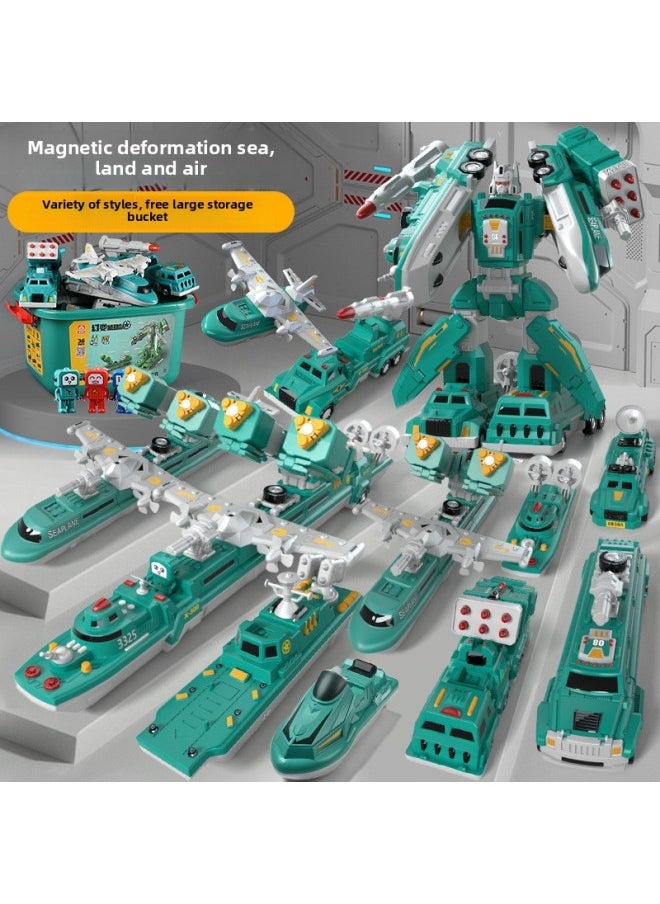 null - Children's Day 61 Gift Magnetic Building Block Splicing Toy Boy Assembled Engineering Vehicle Transforming Robot King Kong-Color:Sea, Land And Air Robot [26-piece Set] + Storage Bucket - Image 1