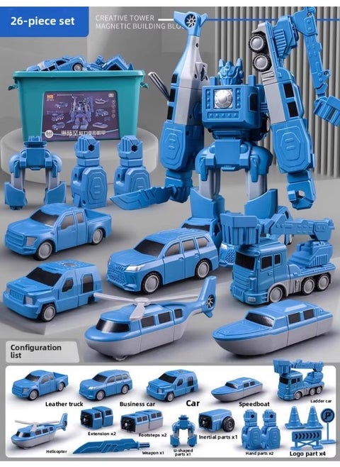 Children's Day 61 Gift Magnetic Building Block Splicing Toy Boy Assembled Engineering Vehicle Transforming Robot King Kong-Color:Sea, Land And Air Robot [26-piece Set] + Storage Bucket