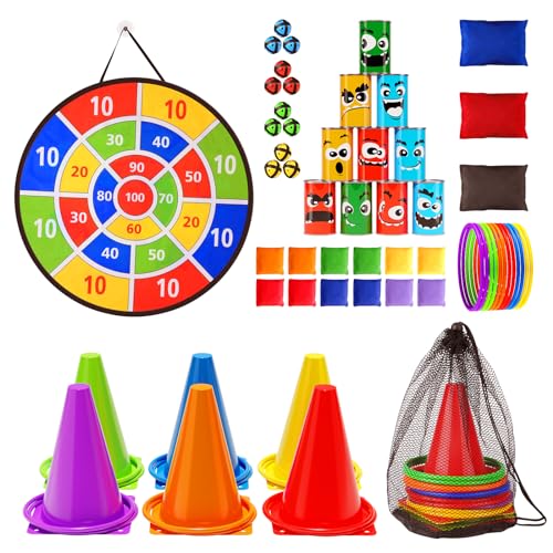 Redllo 58PCS Carnival Games Combo Set, Dart Board Knock Down Can Bean Bag Toss Game Party Indoor Outdoor Birthday Party Fall Festival Field Day for Kids Adults Yard Plastic Cones Outside Games - Image 1
