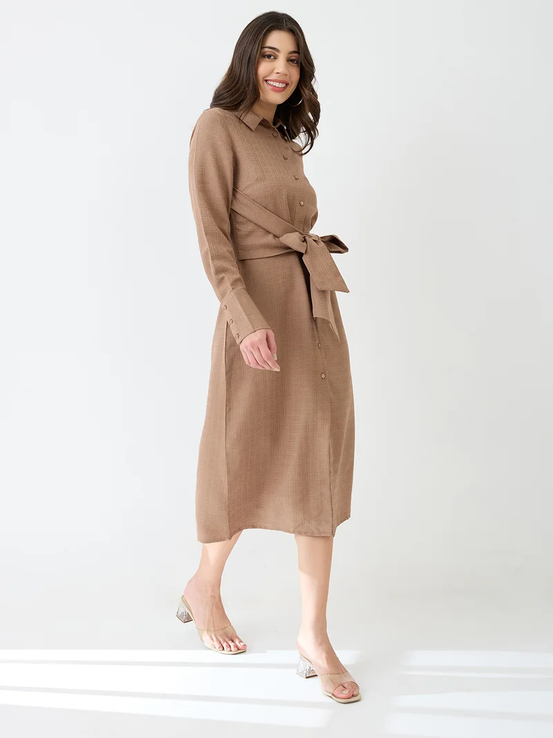 globus Globus Women Brown Collared Neck Cuffed Sleeves Self Design Waist Tie-Ups Midi Workwear Shirt Dress
