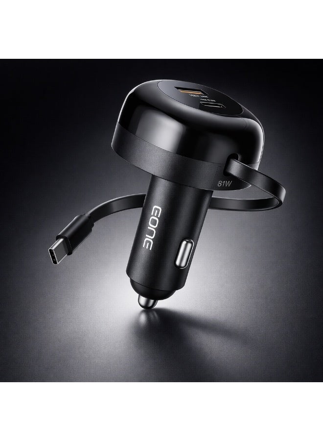 إيون شاحن سيارة سريع من إيون بقوة 81 واط مع كابل USB-C مدمج، ومحول شحن سريع مزدوج المنافذ USB-A بتقنية الشحن السريع QC و PD لأجهزة آيفون وسامسونج والأجهزة اللوحية - أسود - Image 2