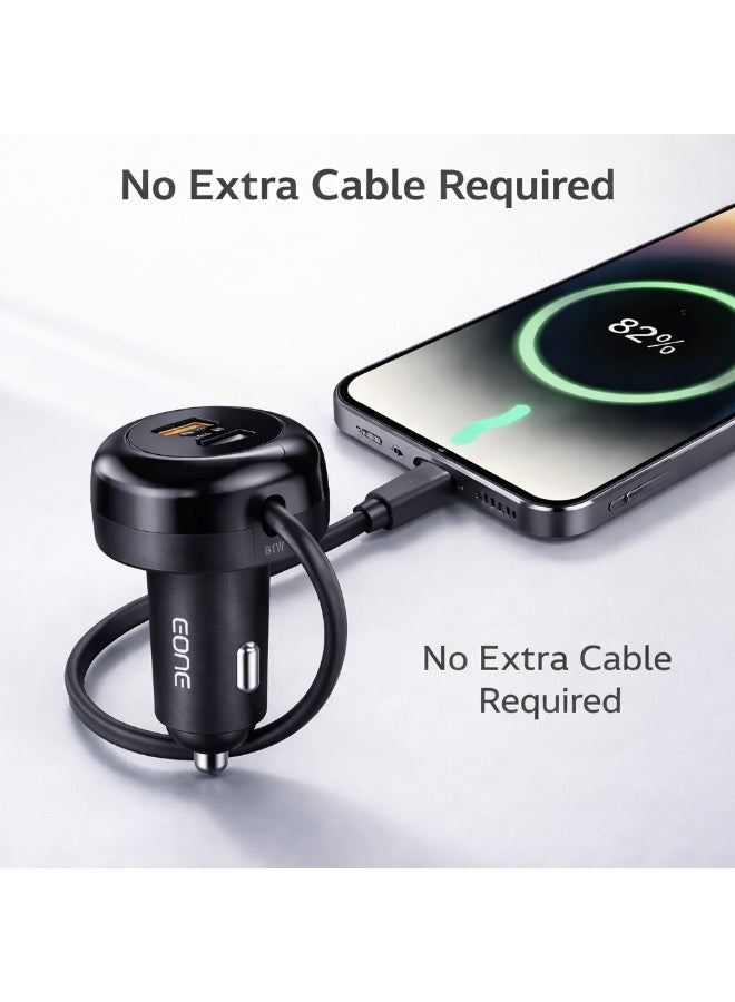 إيون شاحن سيارة سريع من إيون بقوة 81 واط مع كابل USB-C مدمج، ومحول شحن سريع مزدوج المنافذ USB-A بتقنية الشحن السريع QC و PD لأجهزة آيفون وسامسونج والأجهزة اللوحية - أسود - Image 4