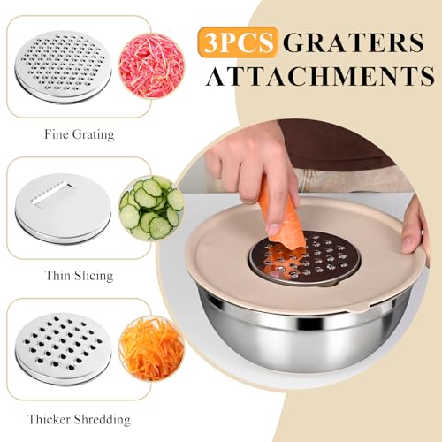 ENVTEK Mixing Bowls with Airtight Lids Set, 20 PCS Kitchen Gadgets Set, 6 Stainless Steel Bowls,3 Grater Attachments,Non-Slip Silicone Bottoms,Great for Serving&Baking,Size 5, 4, 3.5, 2.1, 1.5, 1.1QT (Khaki) - Image 3