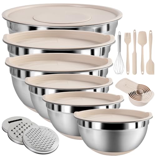 ENVTEK Mixing Bowls with Airtight Lids Set, 20 PCS Kitchen Gadgets Set, 6 Stainless Steel Bowls,3 Grater Attachments,Non-Slip Silicone Bottoms,Great for Serving&Baking,Size 5, 4, 3.5, 2.1, 1.5, 1.1QT (Khaki) - Image 1