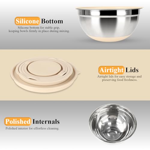ENVTEK Mixing Bowls with Airtight Lids Set, 20 PCS Kitchen Gadgets Set, 6 Stainless Steel Bowls,3 Grater Attachments,Non-Slip Silicone Bottoms,Great for Serving&Baking,Size 5, 4, 3.5, 2.1, 1.5, 1.1QT (Khaki) - Image 5