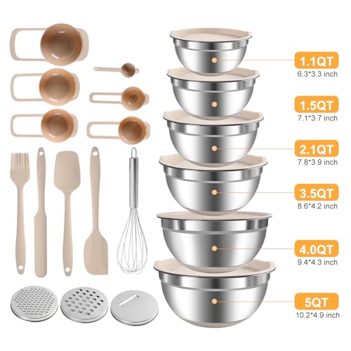 ENVTEK Mixing Bowls with Airtight Lids Set, 20 PCS Kitchen Gadgets Set, 6 Stainless Steel Bowls,3 Grater Attachments,Non-Slip Silicone Bottoms,Great for Serving&Baking,Size 5, 4, 3.5, 2.1, 1.5, 1.1QT (Khaki) - Image 2