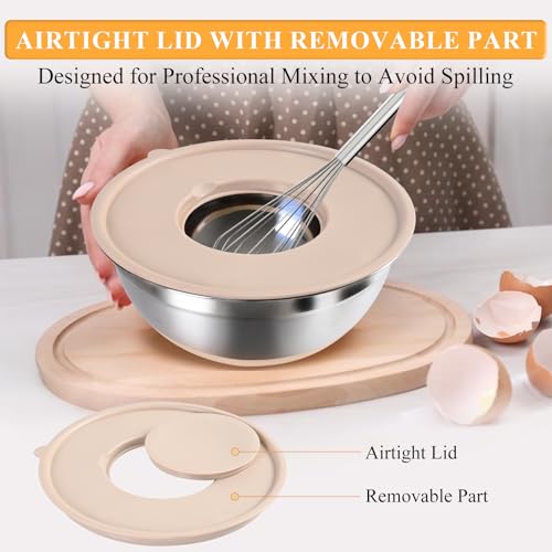 ENVTEK Mixing Bowls with Airtight Lids Set, 20 PCS Kitchen Gadgets Set, 6 Stainless Steel Bowls,3 Grater Attachments,Non-Slip Silicone Bottoms,Great for Serving&Baking,Size 5, 4, 3.5, 2.1, 1.5, 1.1QT (Khaki) - Image 4