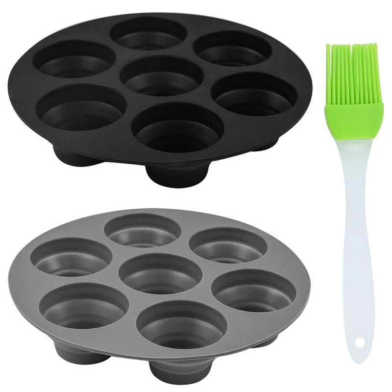 BEHAHAI 2pcs Silicone Muffin Pans with Brush7 Cup Bun Tray Round Non Stick Baking Mould Air Fryer Cake Molds Cups Cupcake Moulds for Yorkshire Pudding BakingBlackGrey