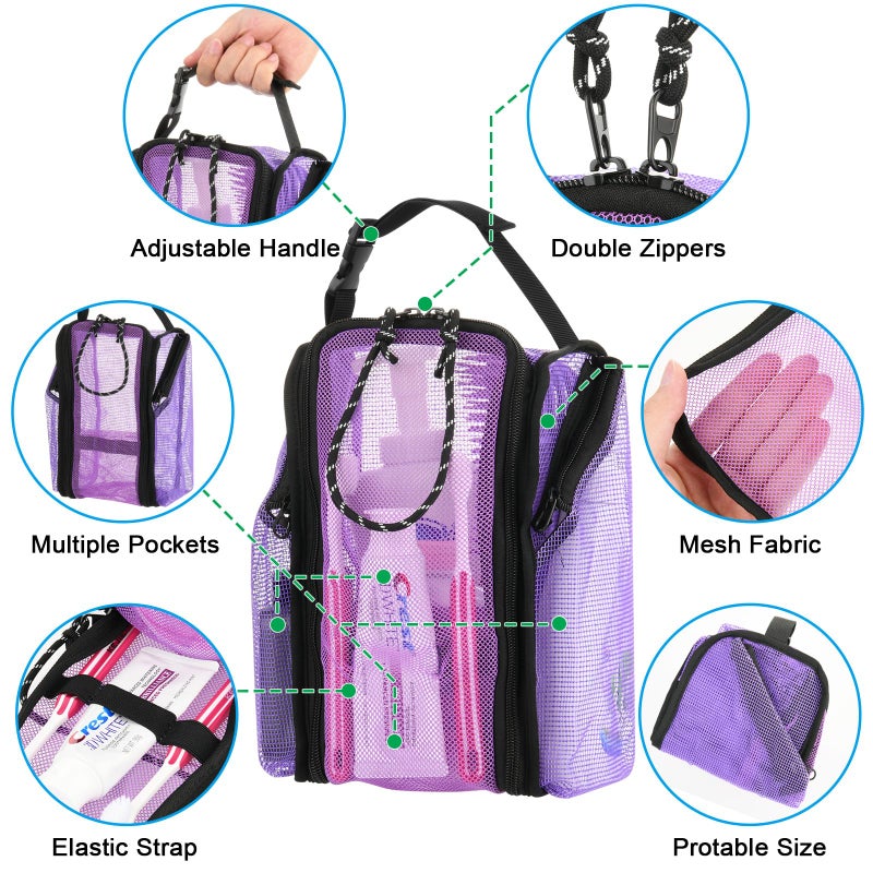 Cosmos Mesh Shower Caddy Toiletry Organizer Hanging Shower Tote Bag  Quick Dry Shower Organizer Portable Bath Bag with Durable Zippers & Side Pockets for Travel Gym Swimming Beach & Camp (Purple) - Image 4