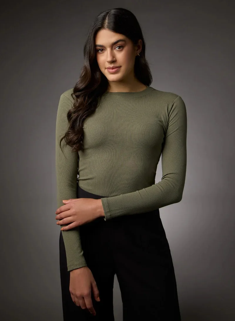 Zigzag Long Sleeve Round Neck Rib Top- Khaki Green