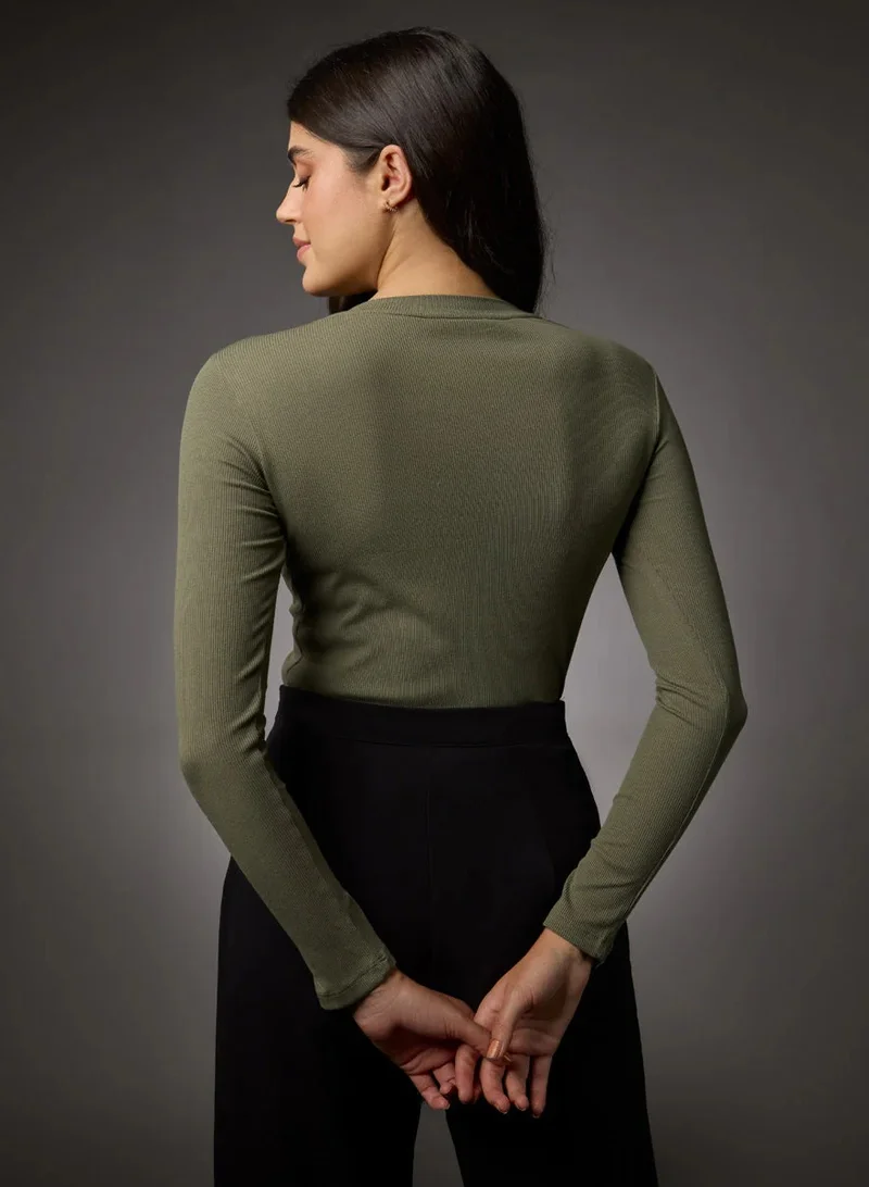 Zigzag Long Sleeve Round Neck Rib Top- Khaki Green