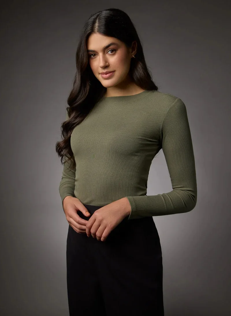 Zigzag Long Sleeve Round Neck Rib Top- Khaki Green