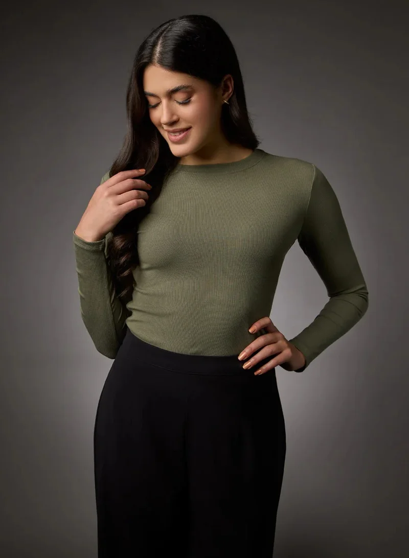 Zigzag Long Sleeve Round Neck Rib Top- Khaki Green