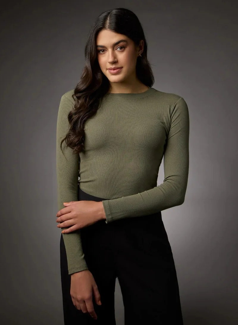 Zigzag Long Sleeve Round Neck Rib Top-  Khaki Green