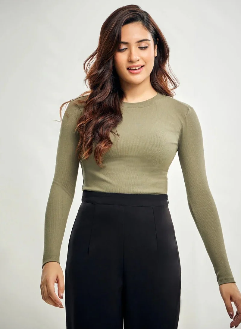 Zigzag Long Sleeve Round Neck Rib Top-  Khaki Green