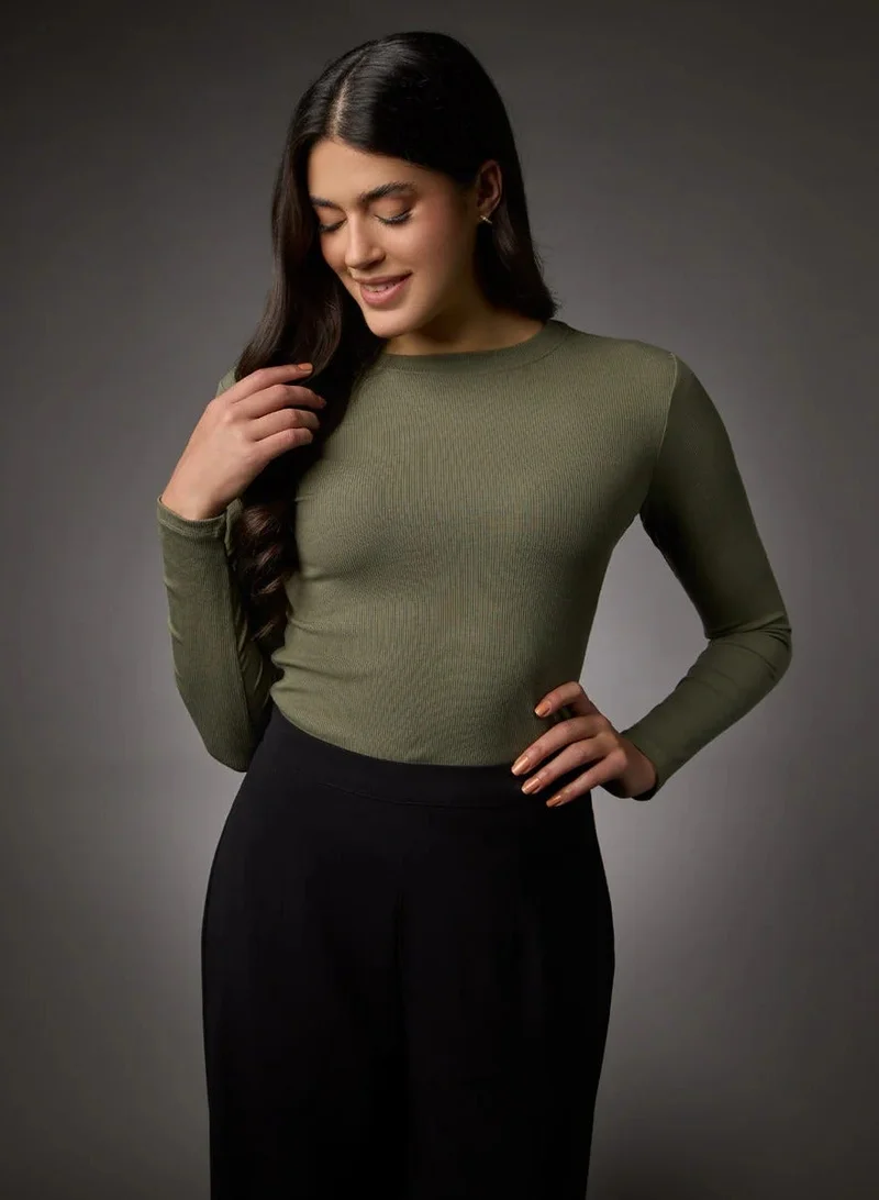زجزاج بلوزة مضلعة بأكمام طويلة وياقة دائرية – أخضر كاكي