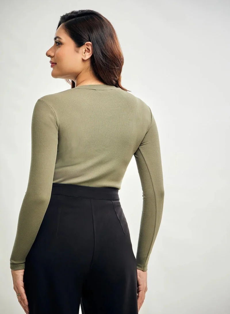 Zigzag  Long Sleeve Round Neck Rib Top-  Khaki Green for Women | Best Price UAE