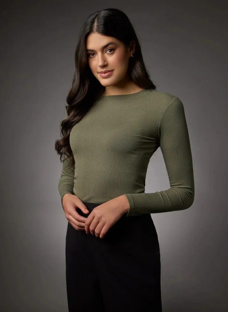 Zigzag  Long Sleeve Round Neck Rib Top-  Khaki Green for Women | Best Price UAE