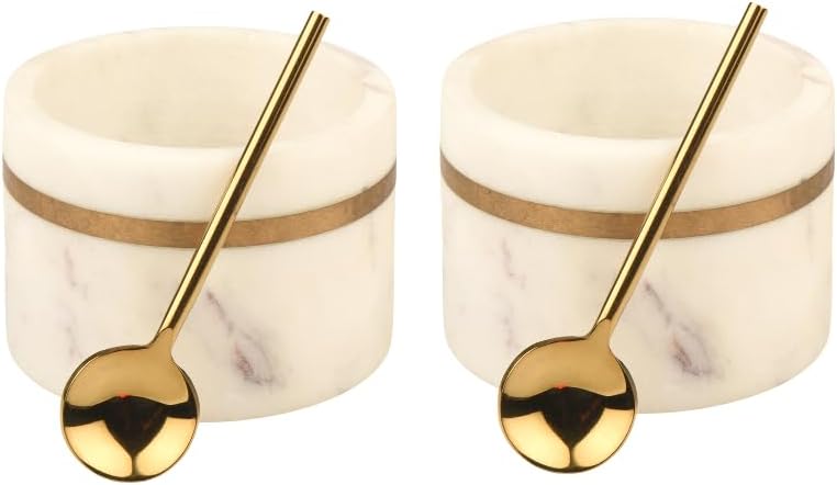 Cruiser’s Cache Cruiser’s Caché Marble Salt and Spice Cellars or Dipping Bowls with Gold Spoons | Set of 2 - Image 1