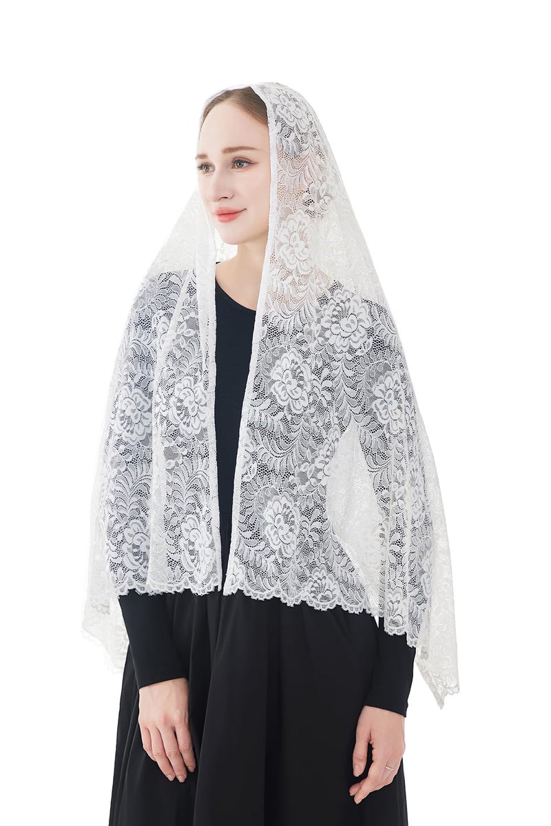 Wgior Elegant Floral Catholic Church Veil, Soft Mantilla Chapel Prayer Scarf Wrap Shawl Headscarf (White) - Image 3