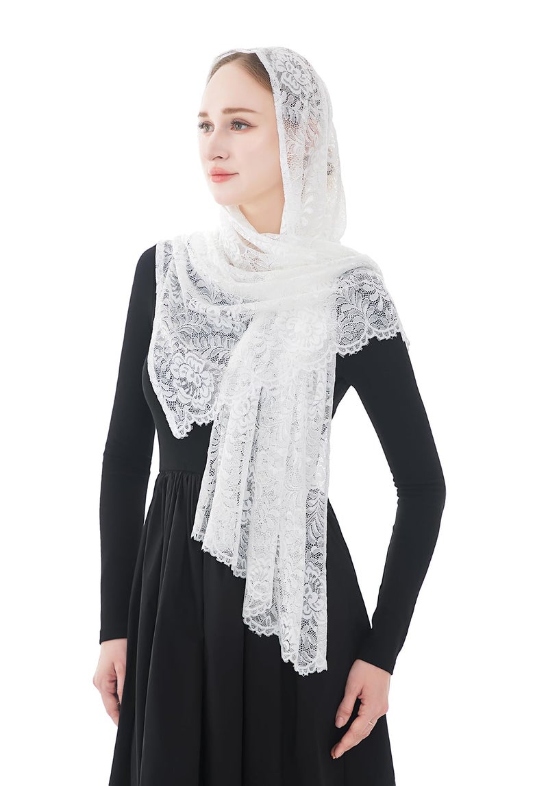 Wgior Elegant Floral Catholic Church Veil, Soft Mantilla Chapel Prayer Scarf Wrap Shawl Headscarf (White) - Image 1