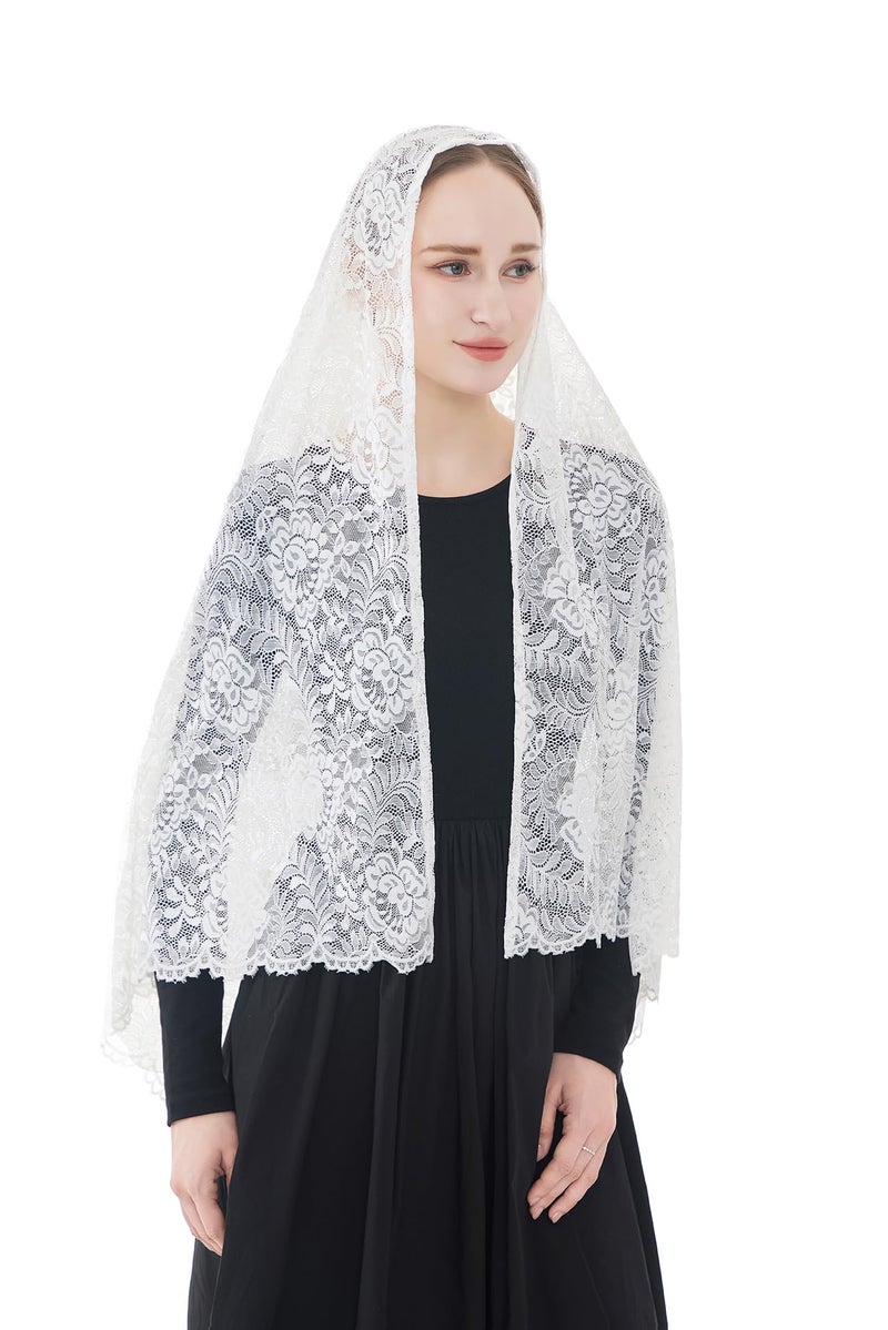 Wgior Elegant Floral Catholic Church Veil, Soft Mantilla Chapel Prayer Scarf Wrap Shawl Headscarf (White) - Image 4