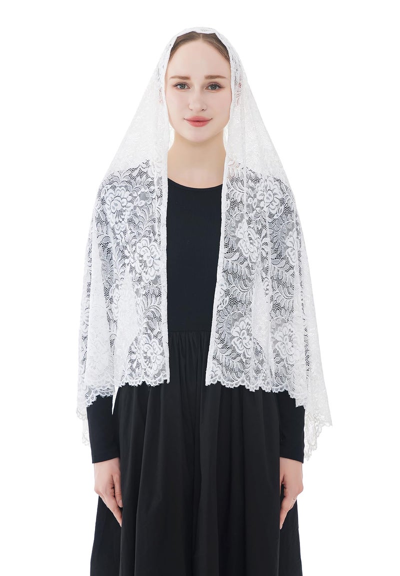 Wgior Elegant Floral Catholic Church Veil, Soft Mantilla Chapel Prayer Scarf Wrap Shawl Headscarf (White) - Image 2