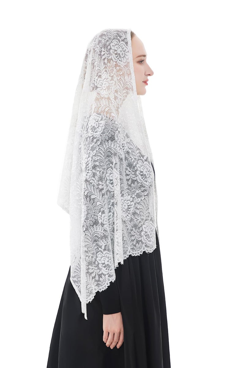 Wgior Elegant Floral Catholic Church Veil, Soft Mantilla Chapel Prayer Scarf Wrap Shawl Headscarf (White) - Image 5