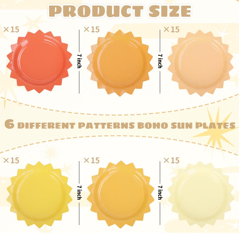 Whaline 90Pcs Boho Sun Paper Plates First Trip Around The Sun Disposable Plates Sunshine Party Tableware For Birthday Baby Shower Summer Table Supplies  6 Colors - Image 2